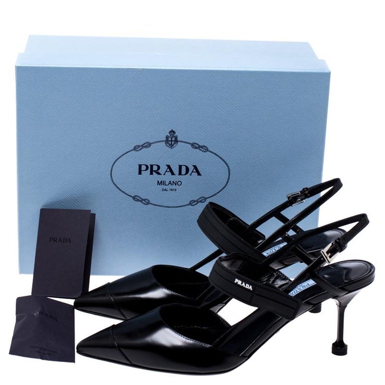 Prada Black Leather Pointed Toe Slingback Sandals Size 38 For Sale at 1stDibs