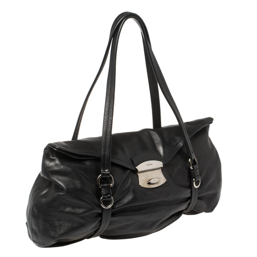 Women's Prada Black Leather Pushlock Shoulder Bag