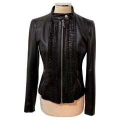 Prada Schwarze Leder & Rouches Jacke Größe IT 40