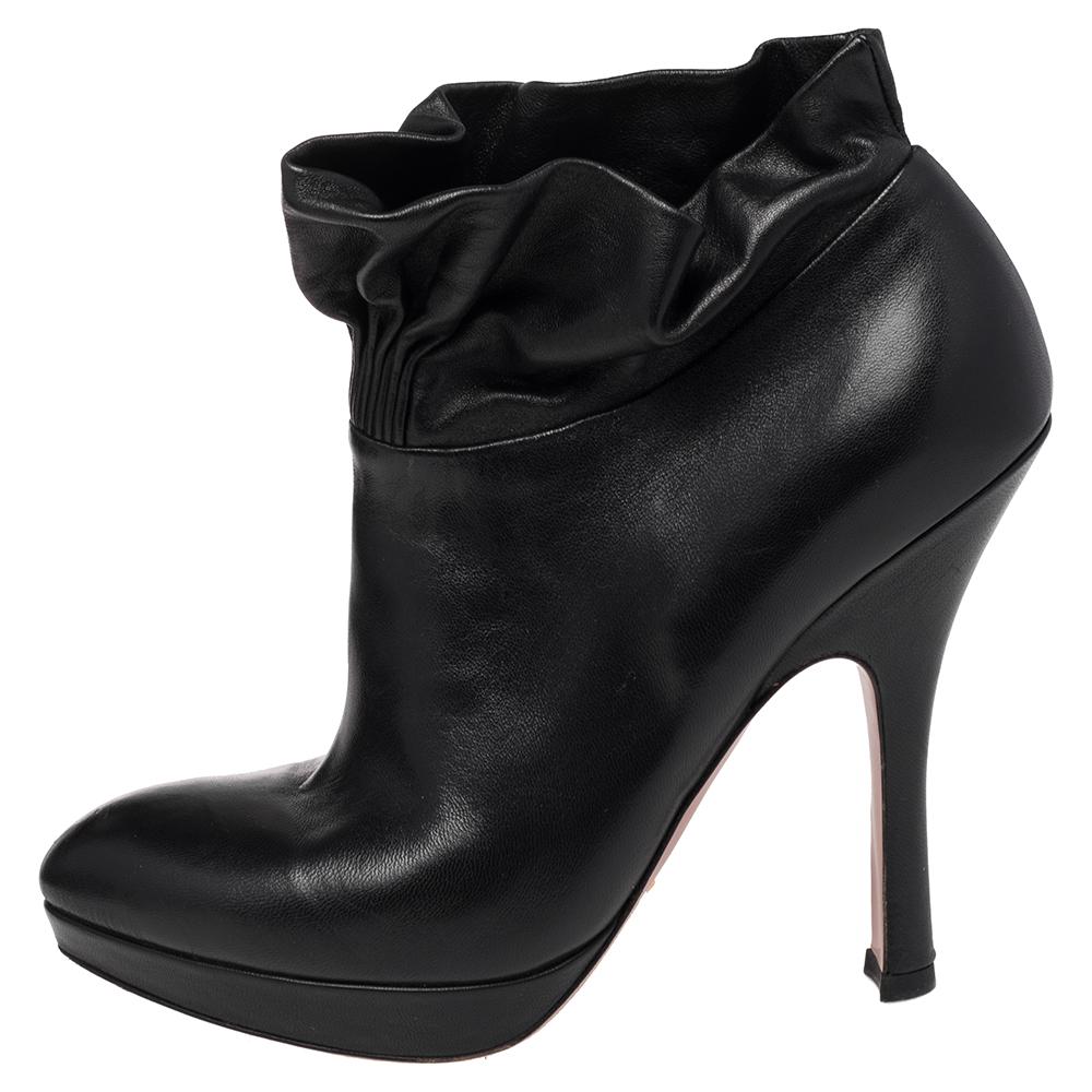 Women's Prada Black Leather Ruffle Detail Platform Ankle Length Booties Size EU 36.5