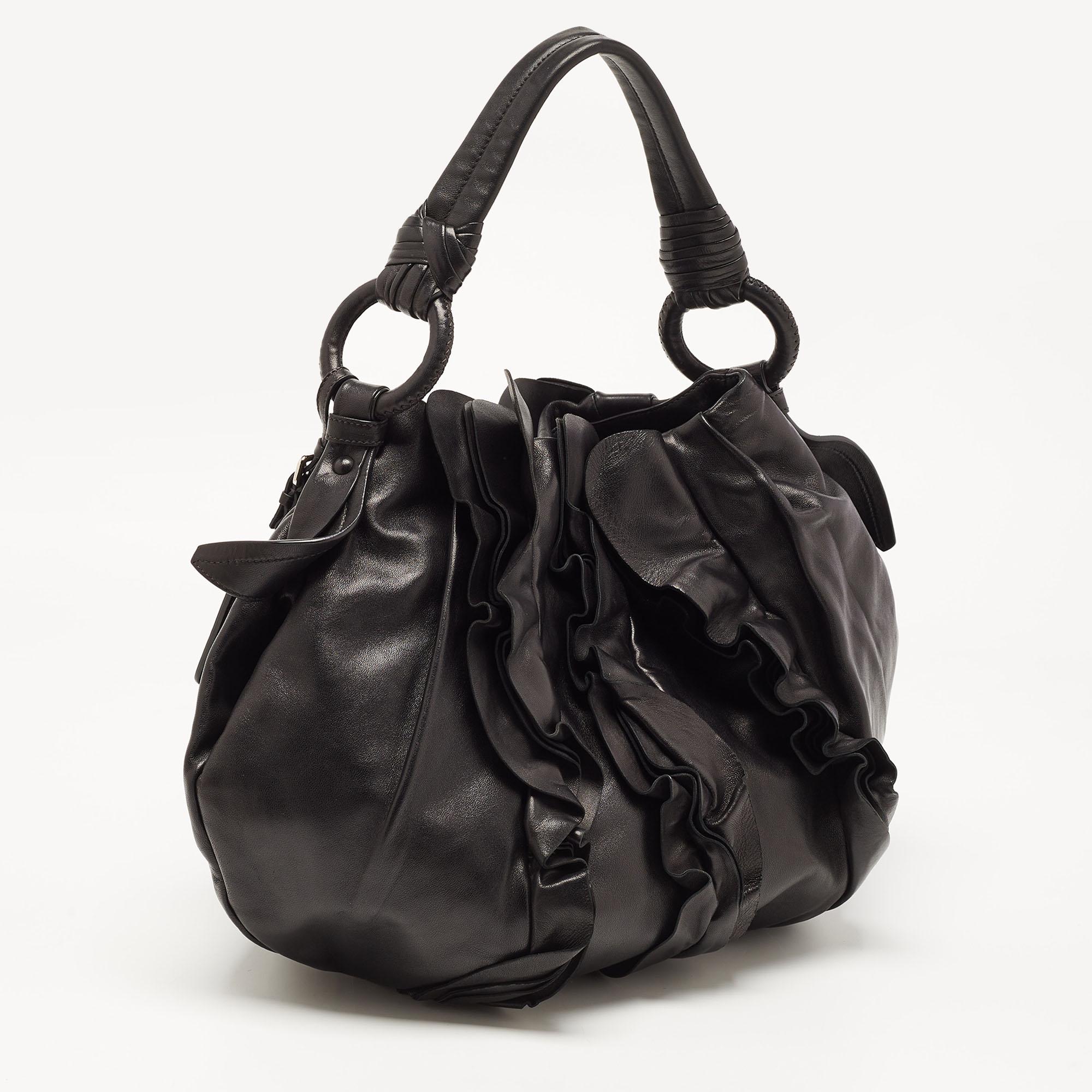 Women's Prada Black Leather Ruffle Shoulder Bag