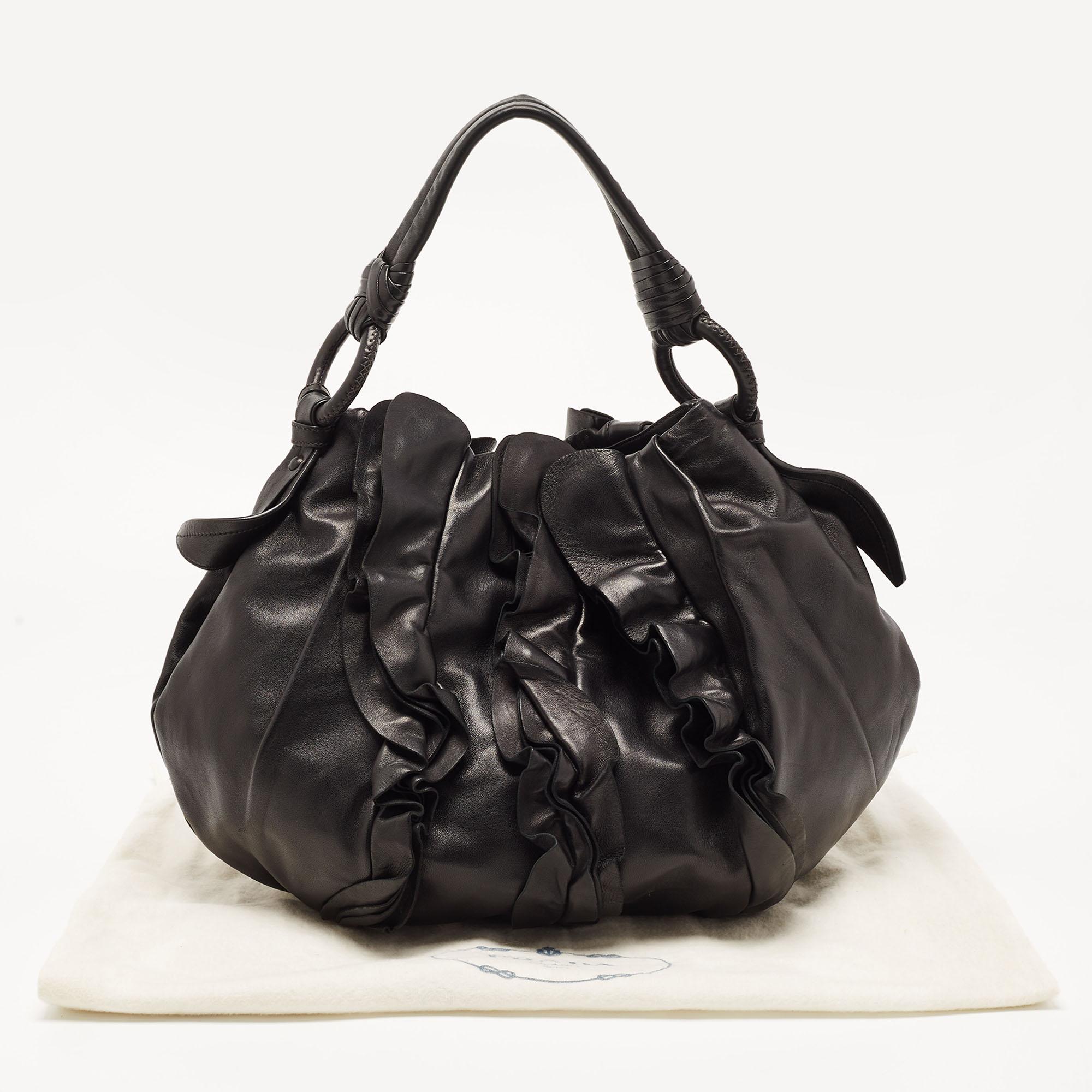 Prada Black Leather Ruffle Shoulder Bag 3