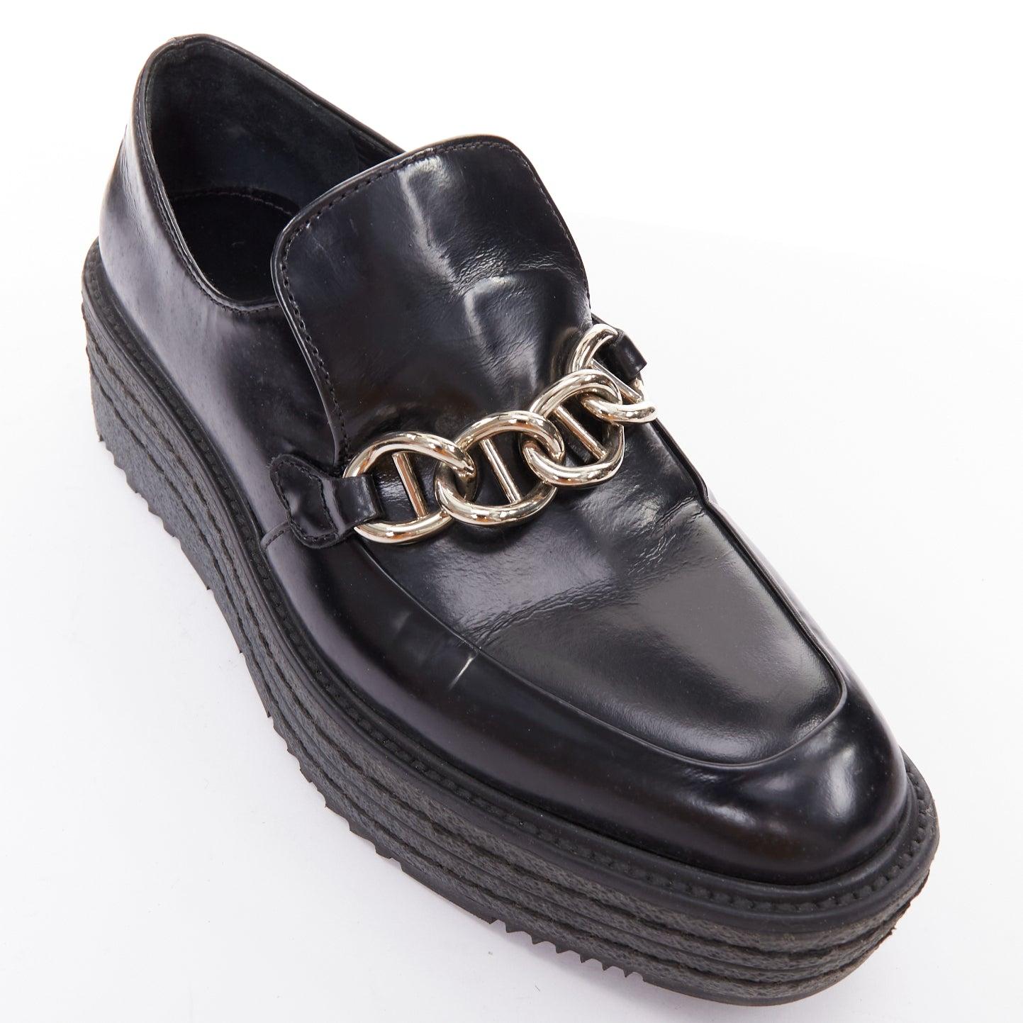 PRADA Schwarzes Leder Silber Kette geschichtet Plattform Brogues EU36 im Angebot 2