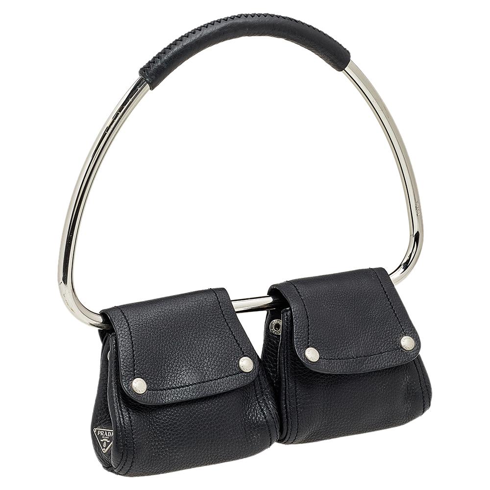 Prada Black Leather Silver Loop Top Handle Bag 4