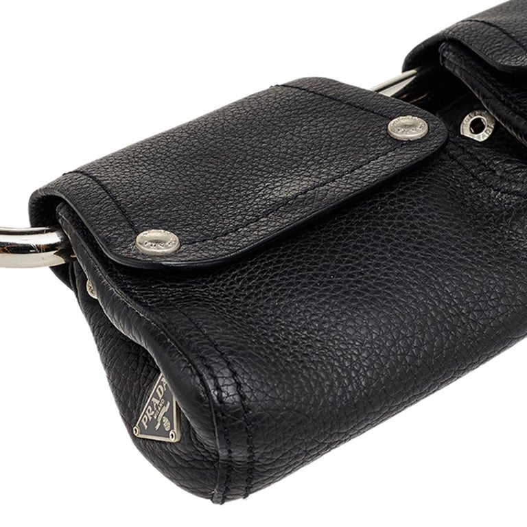 Prada Black Leather Silver Loop Top Handle Bag