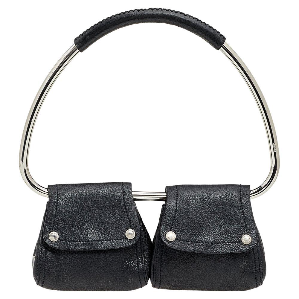 Prada Black Leather Silver Loop Top Handle Bag For Sale at 1stDibs