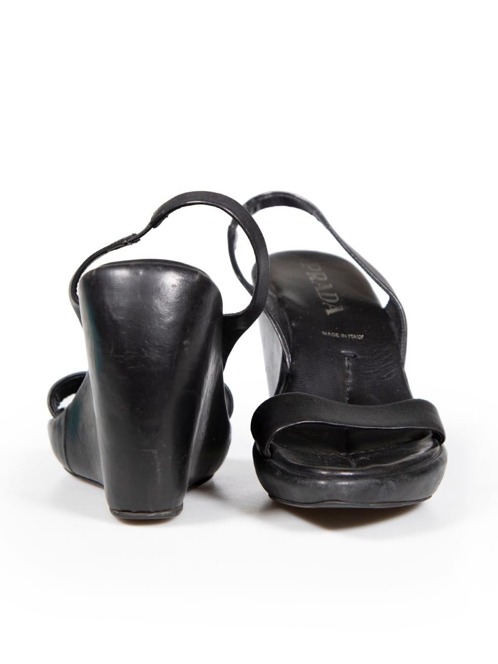Prada Black Leather Slingback Wedge Sandals Size IT 37.5 In Good Condition For Sale In London, GB
