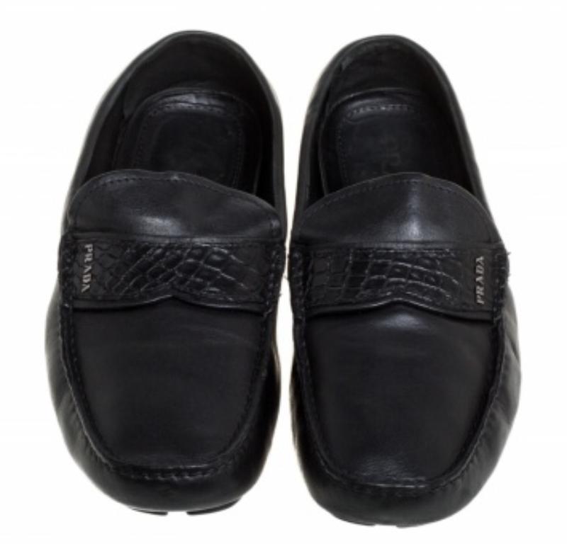 Prada Black Leather Slip On Loafers Size 42 For Sale 1