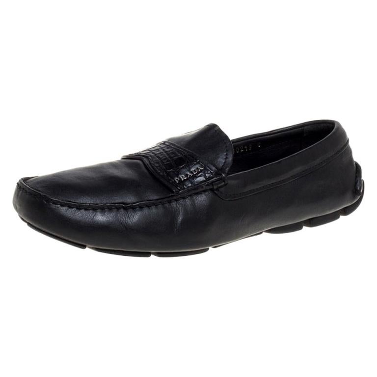 Prada Black Leather Slip On Loafers Size 42 For Sale