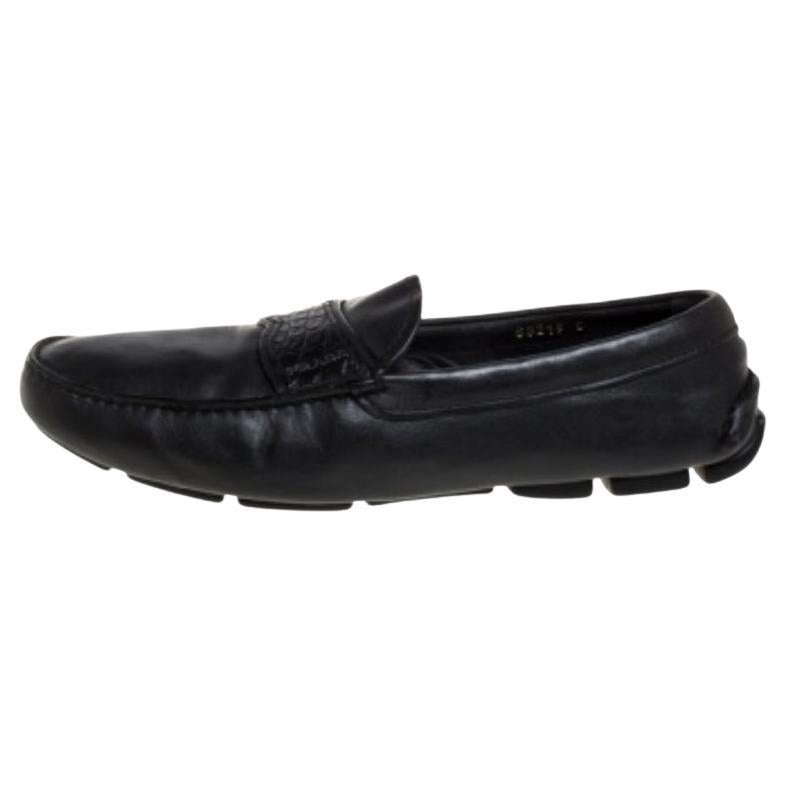 Prada Black Leather Slip On Loafers Size 42 For Sale