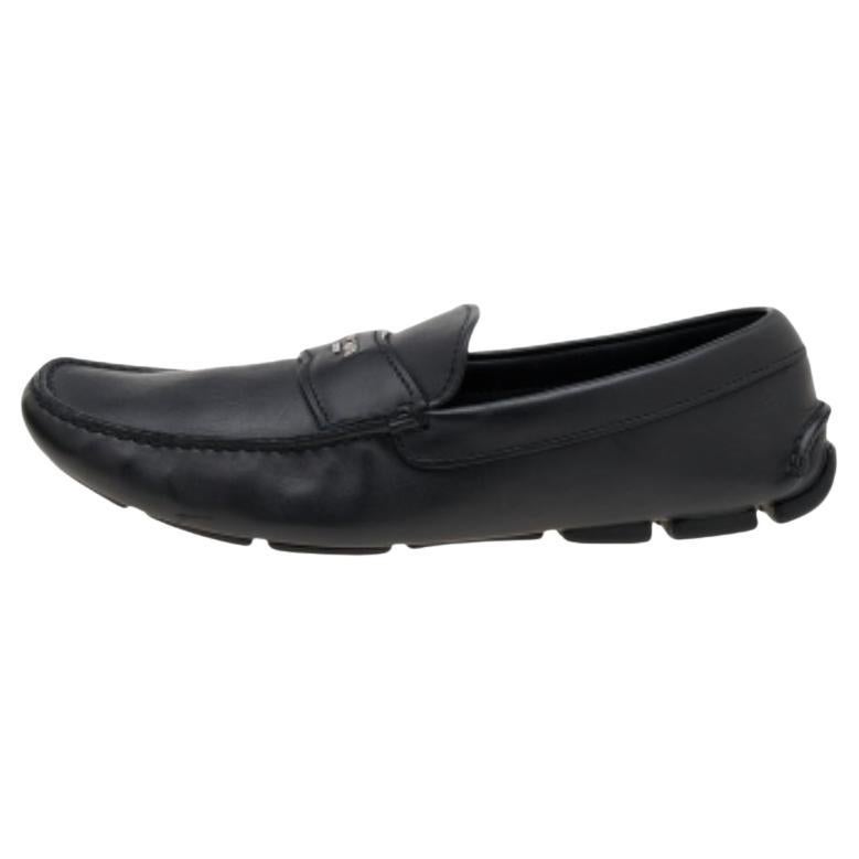 Prada Black Leather Slip On Loafers Size 42 For Sale