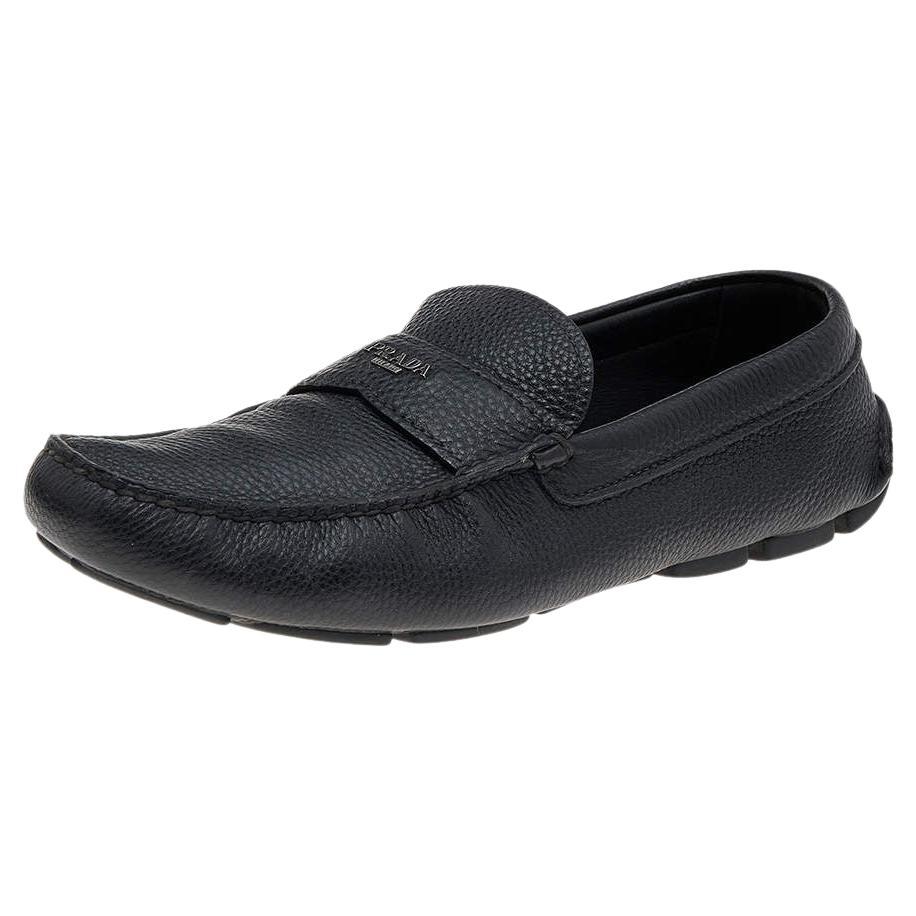 Prada Black Leather Slip On Loafers Size 42.5 For Sale