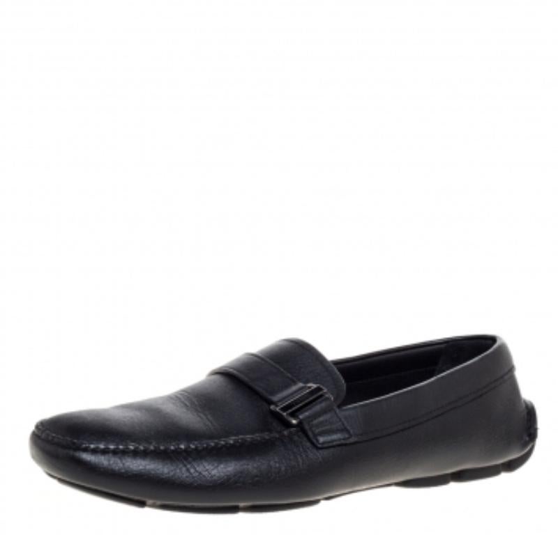 Prada Black Leather Slip On Loafers Size 43.5 For Sale 1
