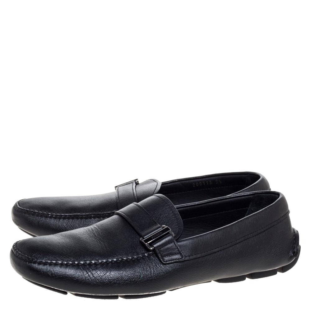 Prada Black Leather Slip On Loafers Size 43.5 For Sale 1