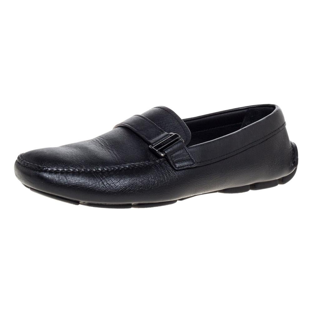 Prada Black Leather Slip On Loafers Size 43.5 For Sale