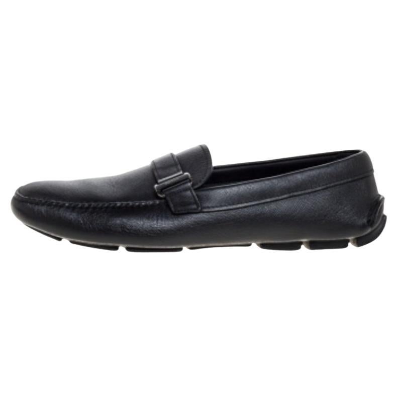 Prada Black Leather Slip On Loafers Size 43.5 For Sale
