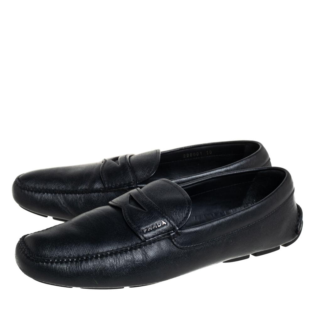 Prada Black Leather Slip On Loafers Size 44 For Sale 1