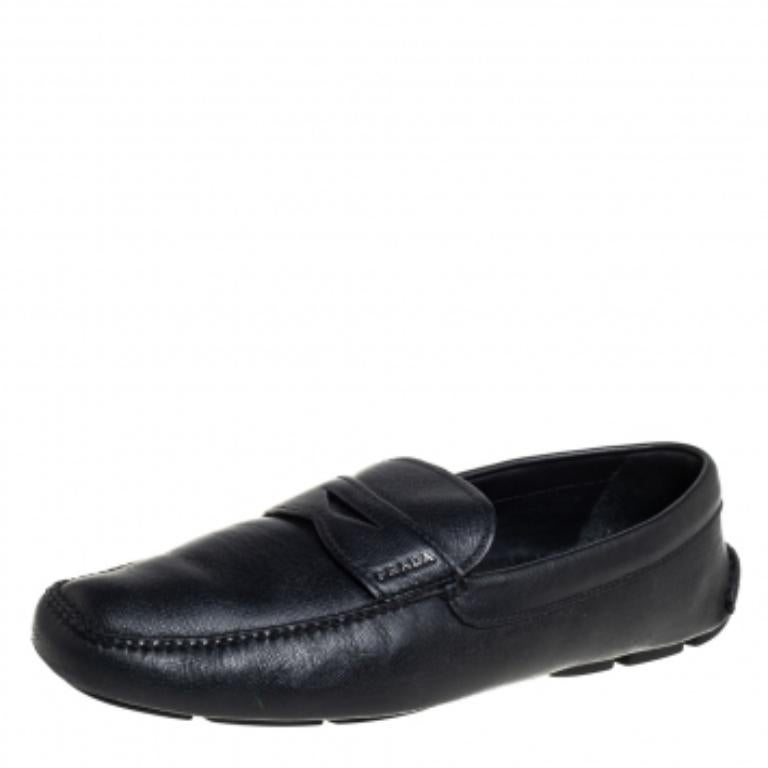 Prada Black Leather Slip On Loafers Size 44 For Sale 2