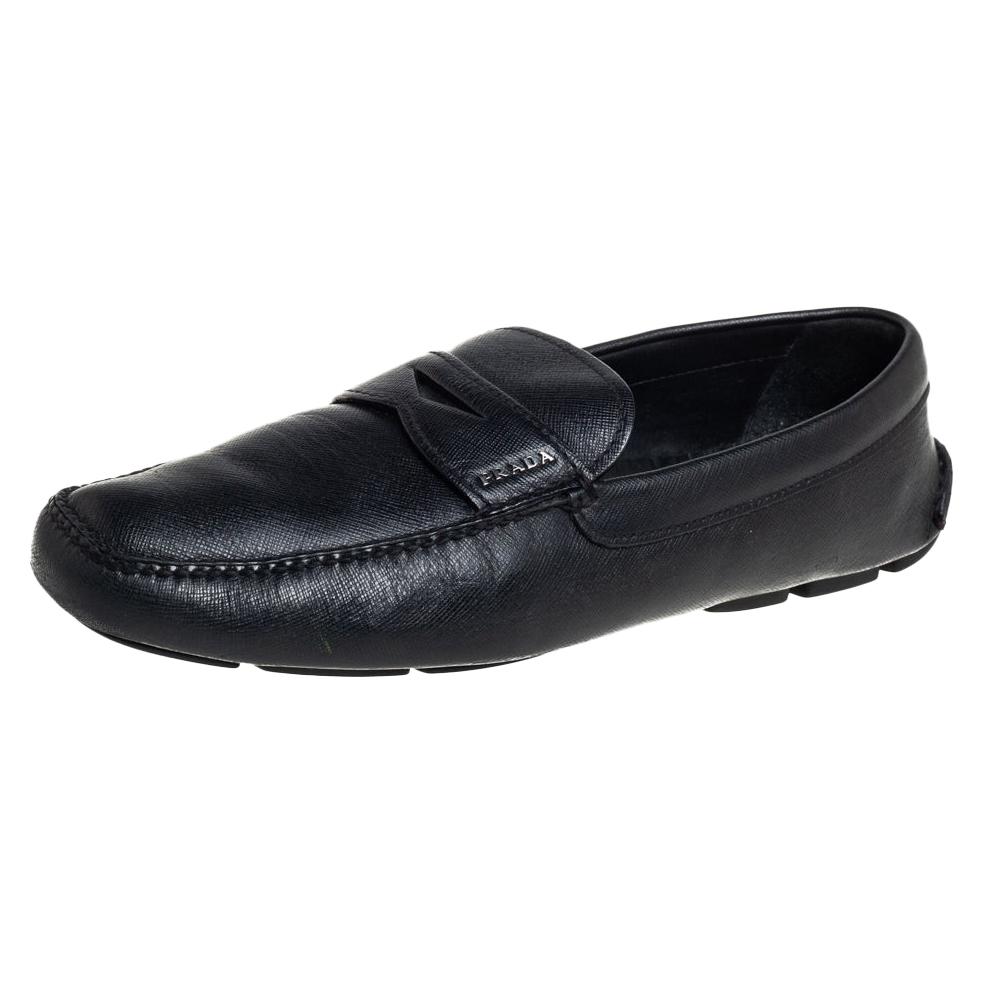 Prada Black Leather Slip On Loafers Size 44 For Sale