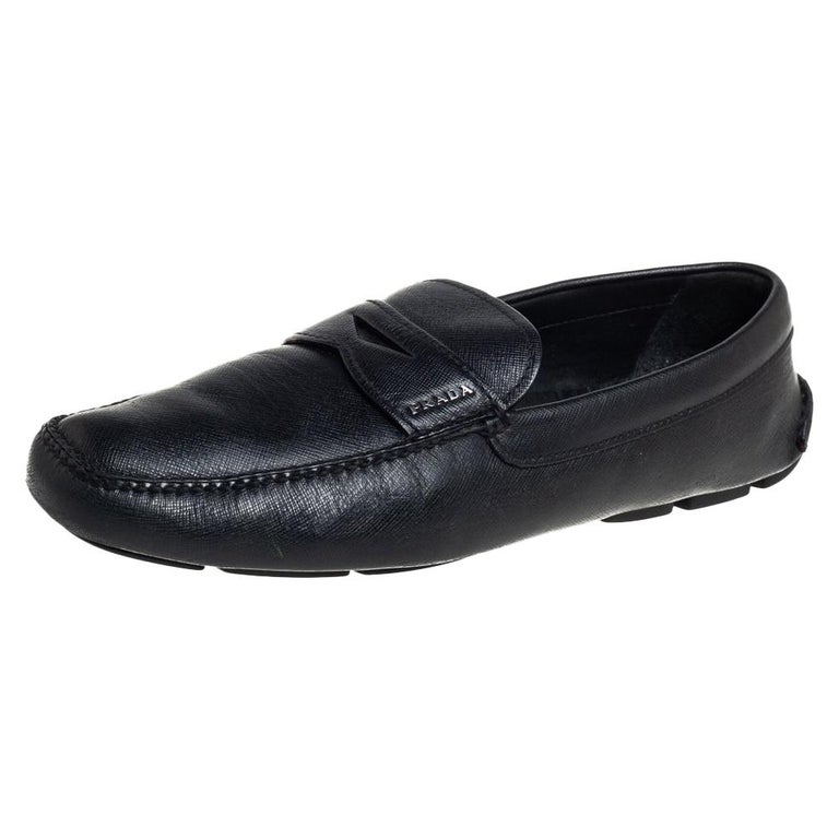 Reklame Symposium Odysseus Prada Black Leather Slip On Loafers Size 44 For Sale at 1stDibs