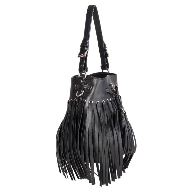 Prada 'Soft Fringe Bucket' shoulder bag in black smooth leather. Drawstring closure. Lined in red leather with an open pocket against the back. Has been carried and is in excellent condition.

Height 23cm (9in)
Width 22cm (8.6in)
Depth 16cm