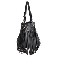 PRADA black leather SOFT FRINGE BUCKET Shoulder Bag