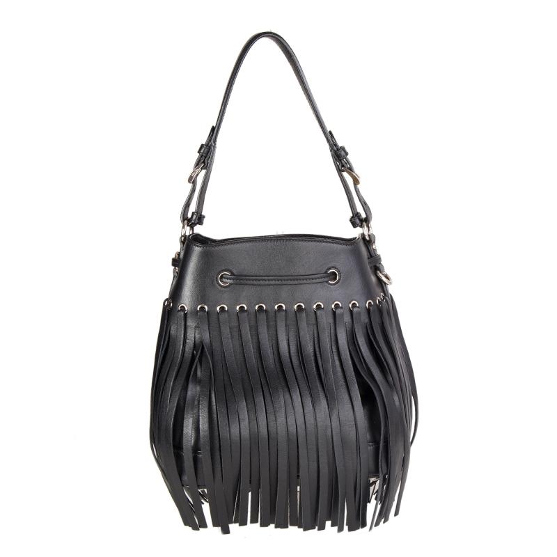 Black PRADA black leather SOFT FRINGE BUCKET Shoulder Bag