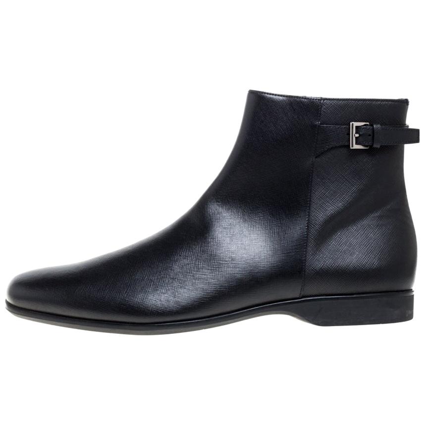 Prada Black Leather Square Toe Boots Size 46