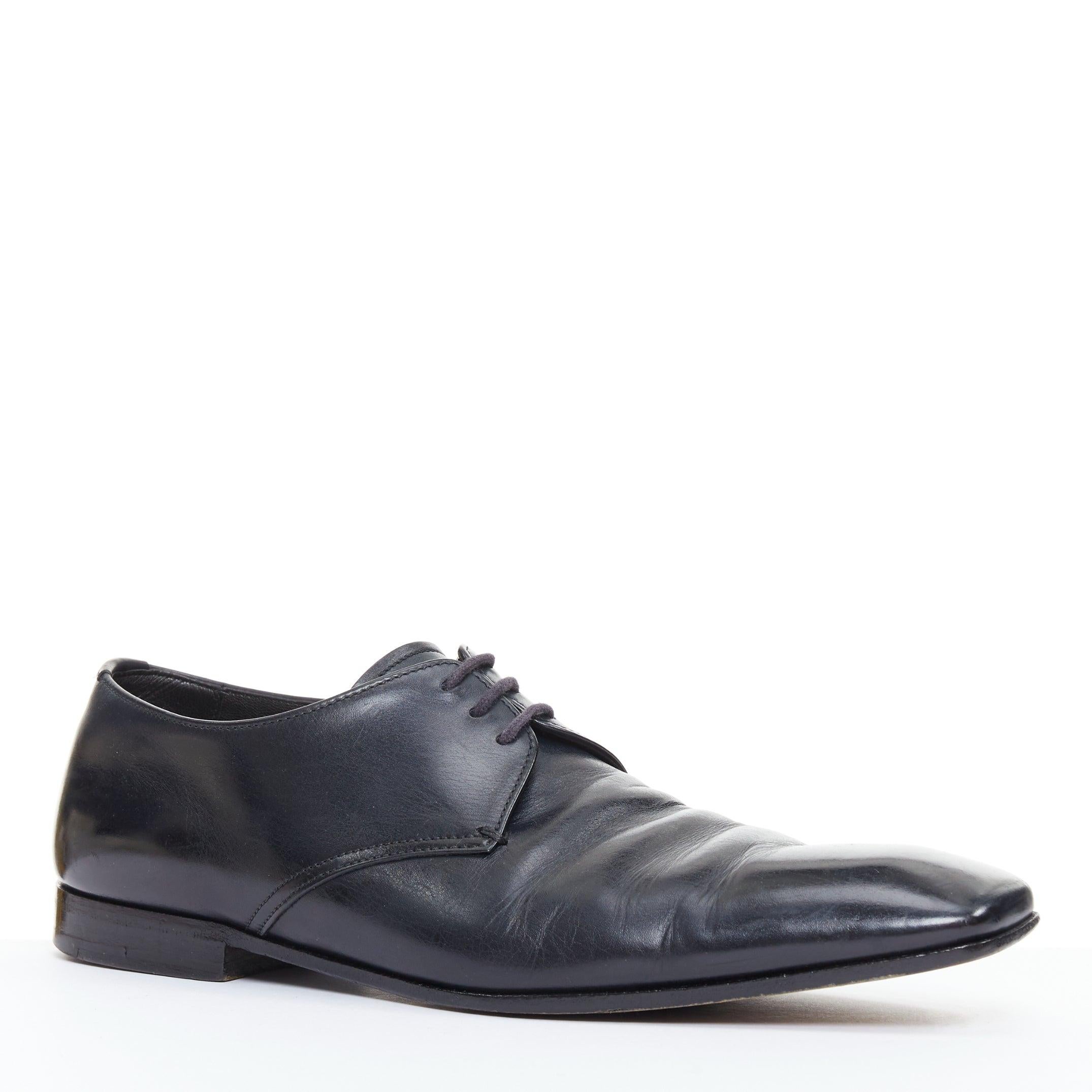Black PRADA black leather square toe lace brogue shoes UK6.5 EU40.5 For Sale