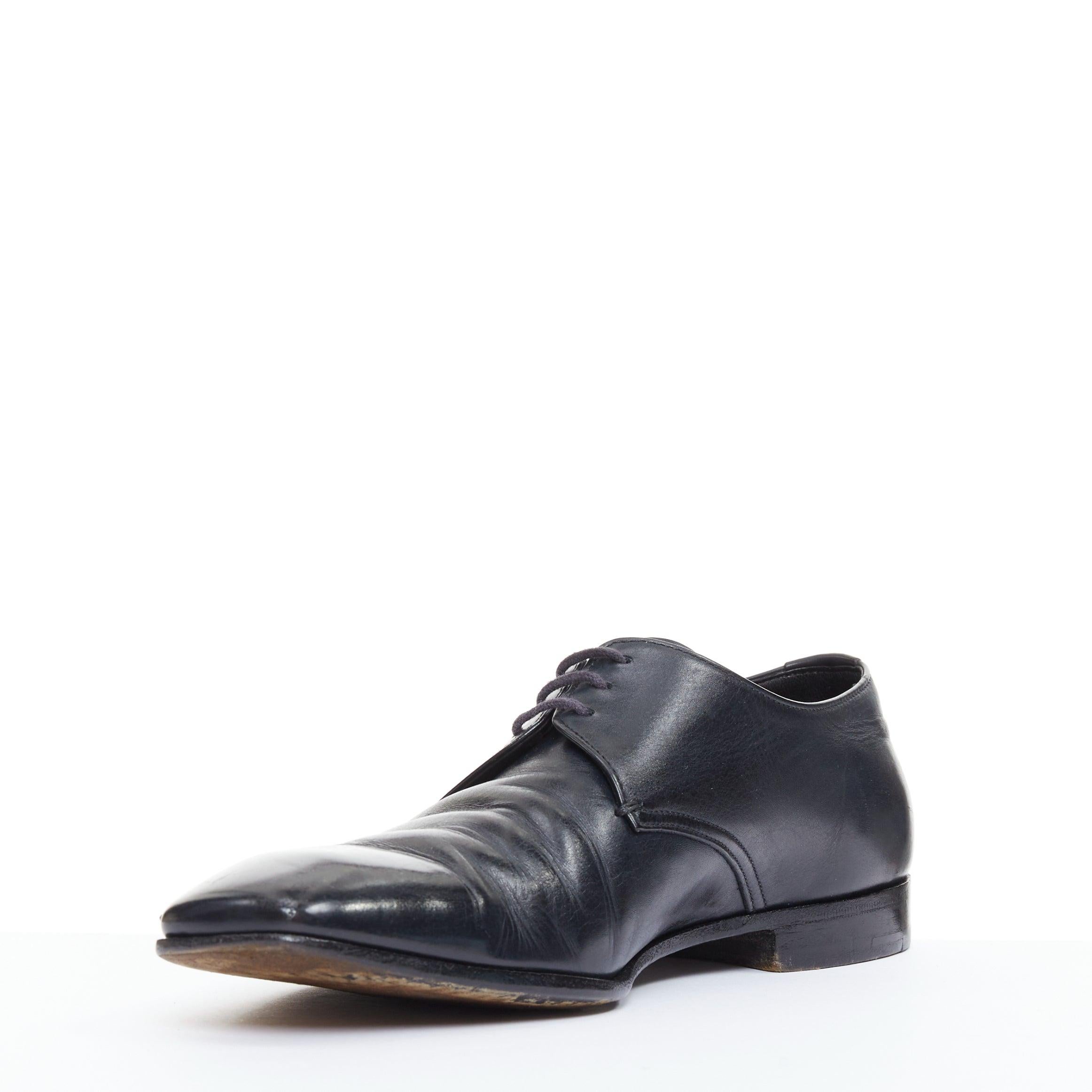 PRADA black leather square toe lace brogue shoes UK6.5 EU40.5 In Fair Condition For Sale In Hong Kong, NT