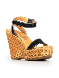 Prada Black Leather Strap High Wedge Sandals Size IT 39