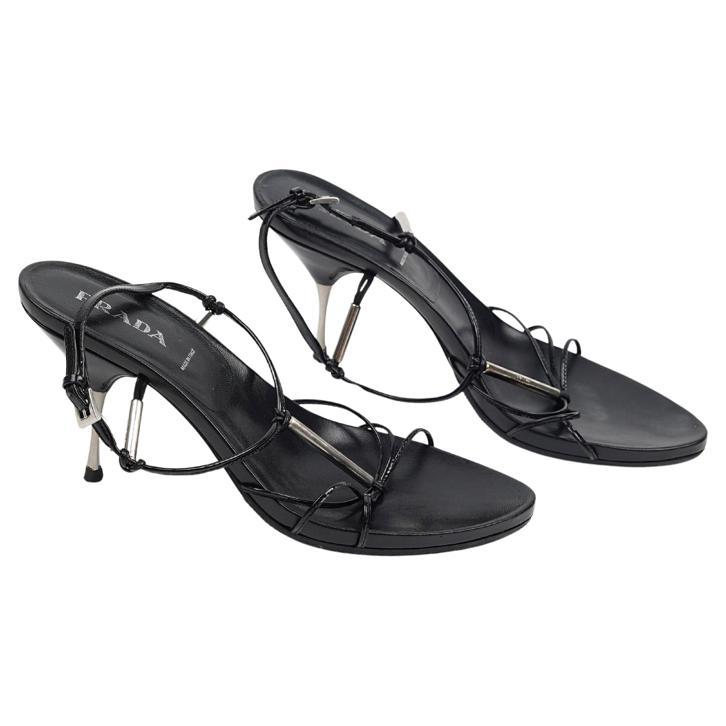 Prada Black Leather Strappy Sandals with Silver-Tone Bar Details EU 39 For Sale 7