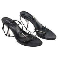 Prada Black Leather Strappy Sandals with Silver-Tone Bar Details EU 39