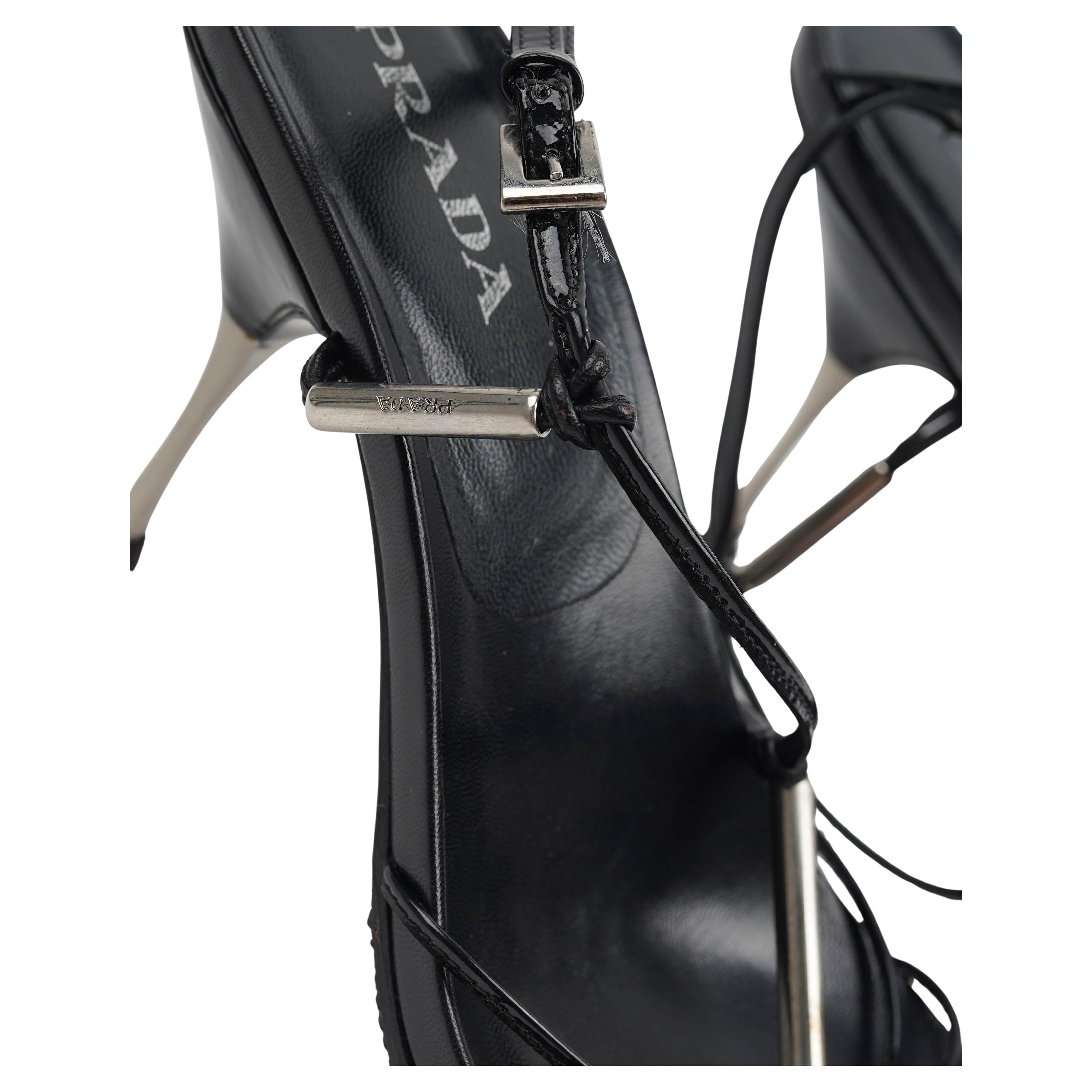 Women's Prada Black Leather Strappy Sandals with Silver-Tone Bar Details EU 39 For Sale