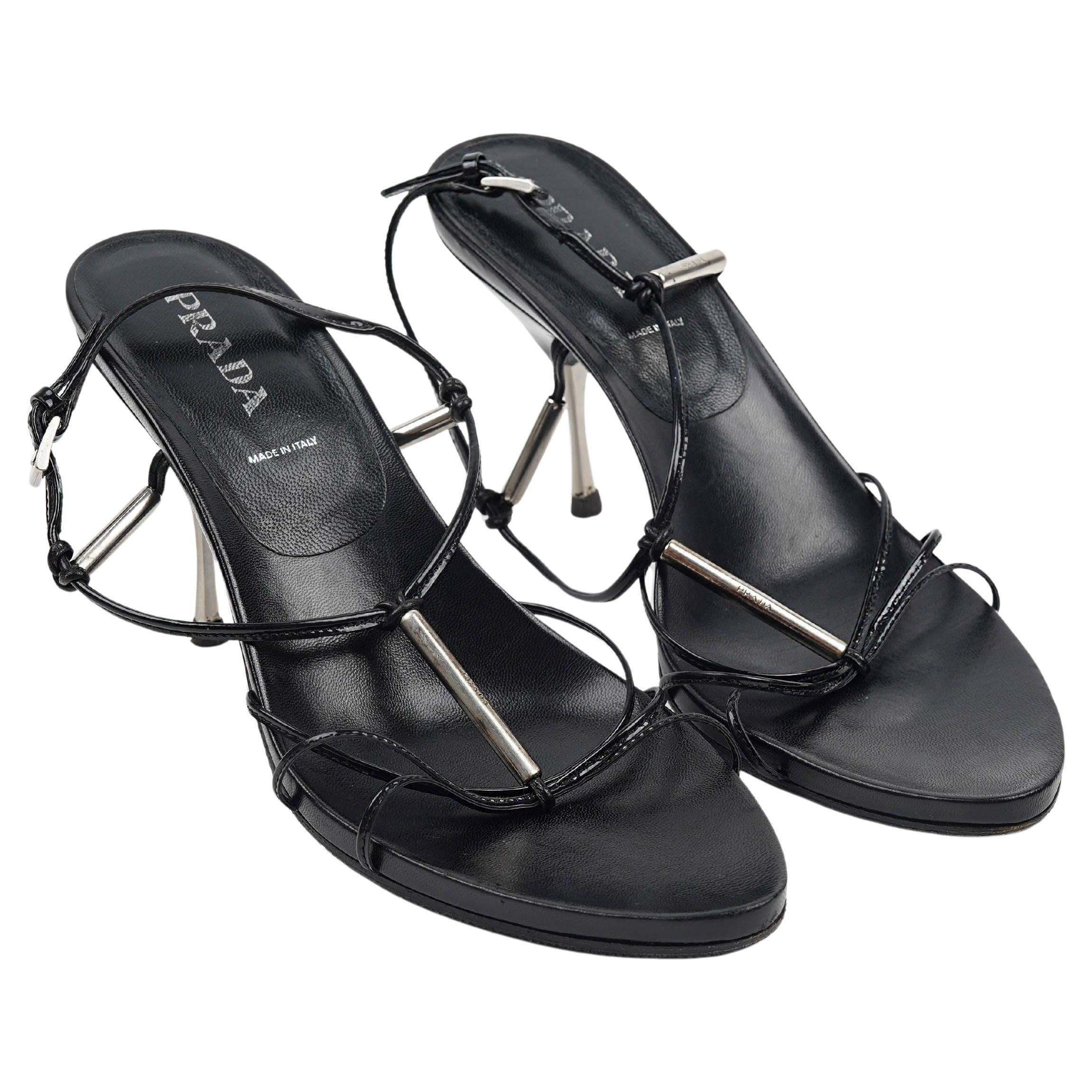 Prada Black Leather Strappy Sandals with Silver-Tone Bar Details EU 39 For Sale 1