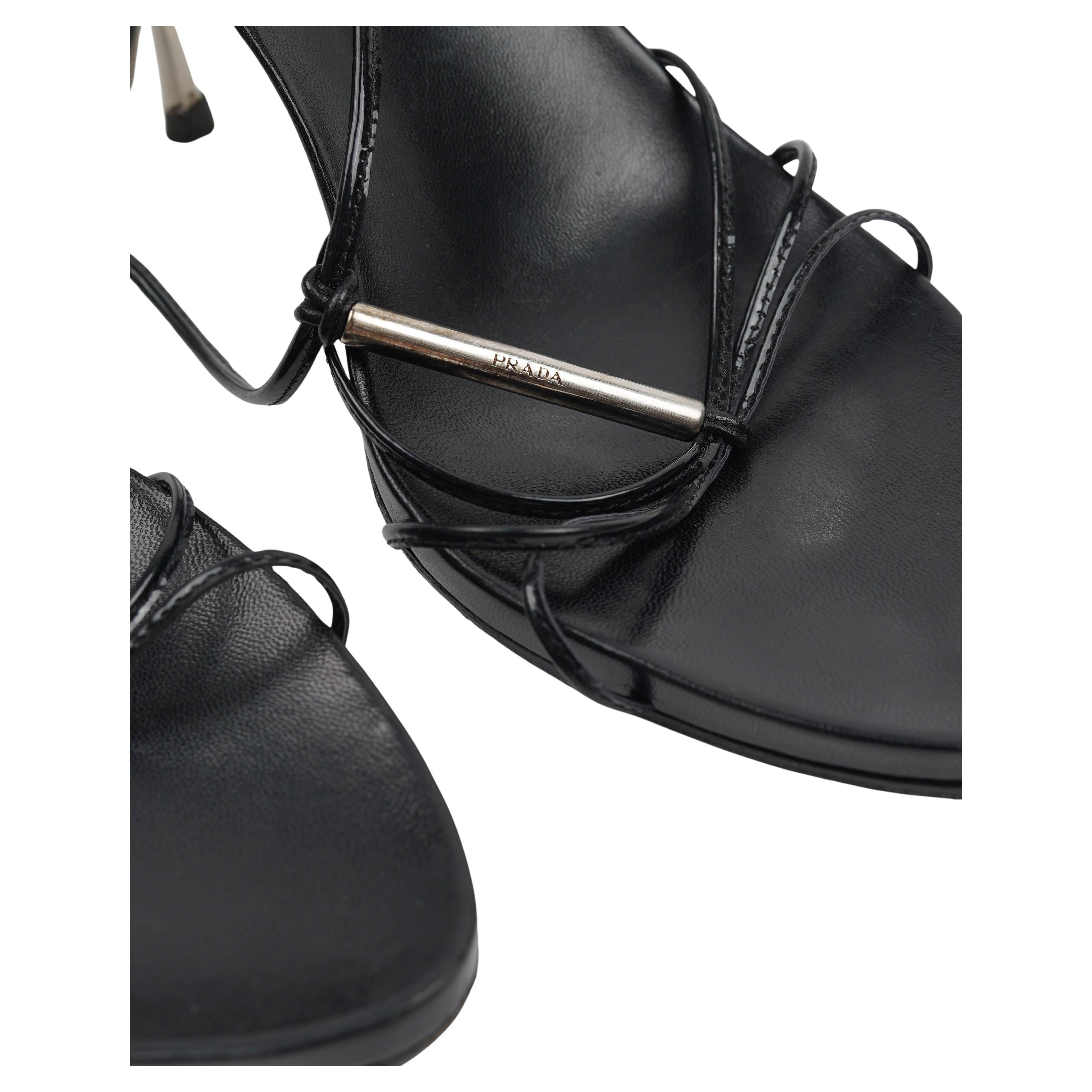 Prada Black Leather Strappy Sandals with Silver-Tone Bar Details EU 39 For Sale 3