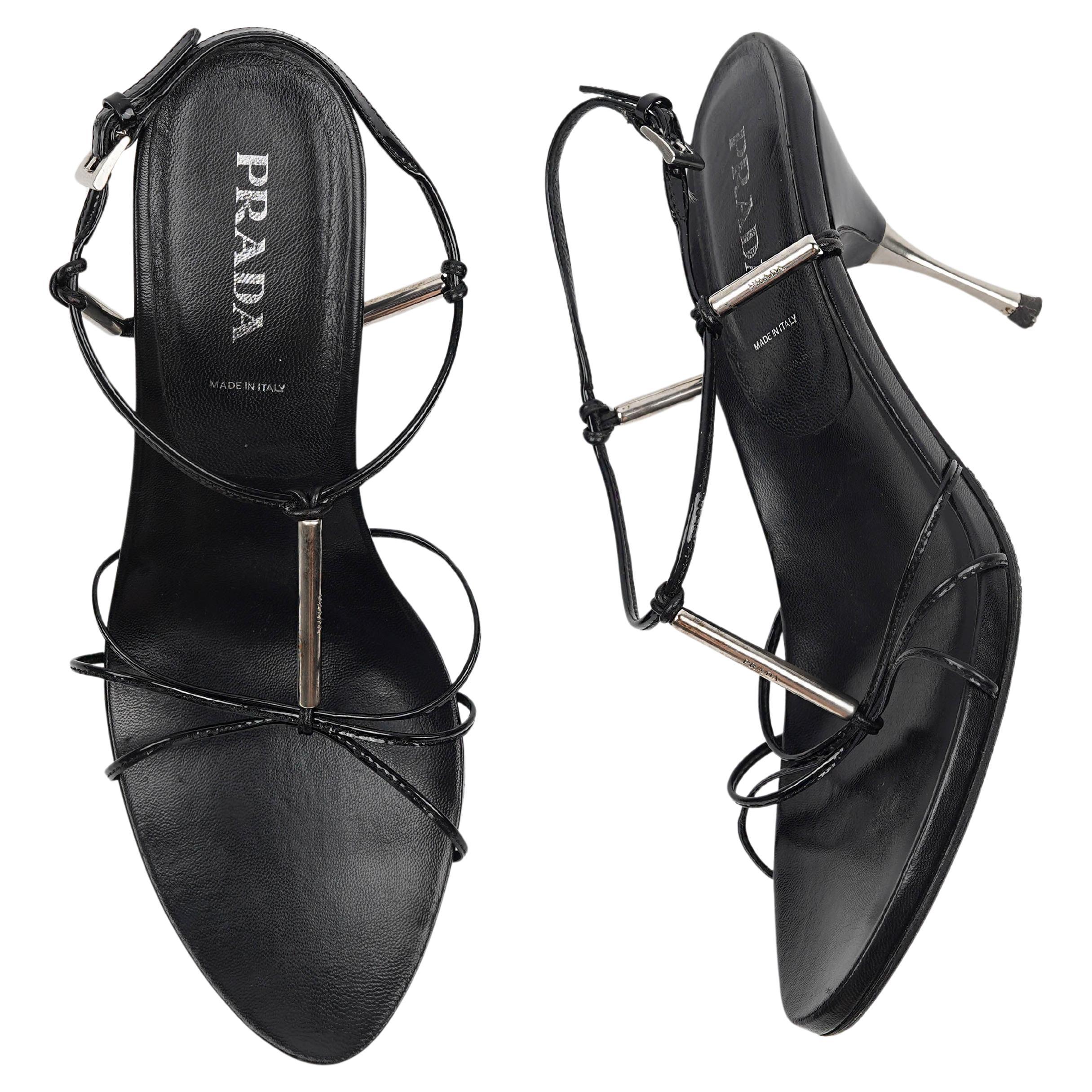 Prada Black Leather Strappy Sandals with Silver-Tone Bar Details EU 39 For Sale