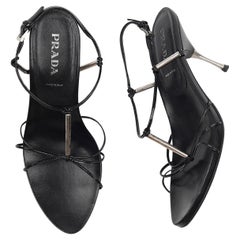 Prada Black Leather Strappy Sandals with Silver-Tone Bar Details EU 39