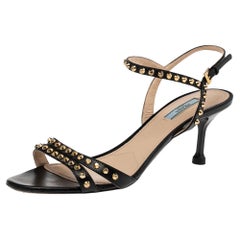 Prada Black Leather Stud Embellishment Ankle Strap Sandals Size 40