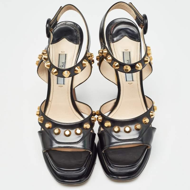 Prada Black Leather Studded Ankle Strap Sandals Size 37 In Good Condition In Dubai, Al Qouz 2