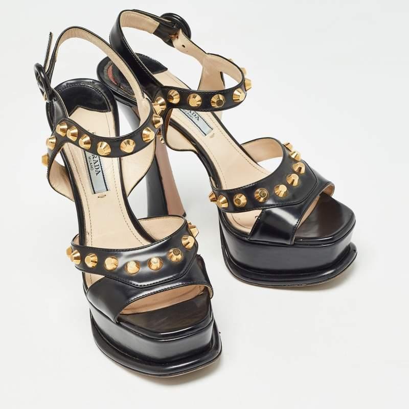 Women's Prada Black Leather Studded Ankle Strap Sandals Size 37