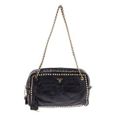 Prada Black Leather Studded Chain Shoulder Bag