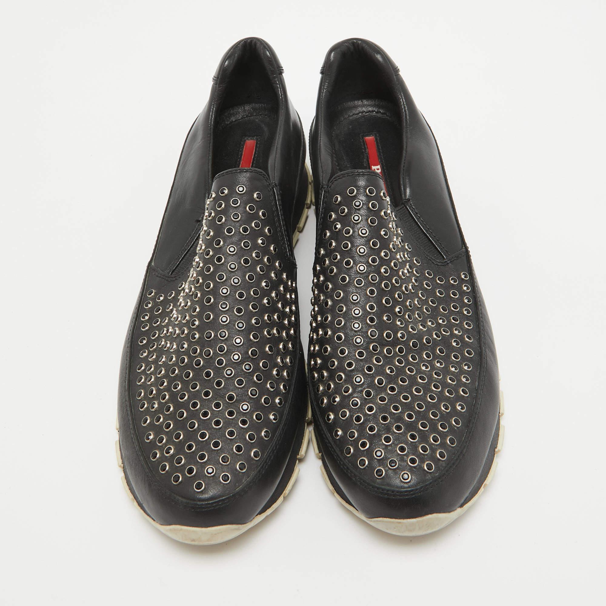 Prada Black Leather Studded Slip On Sneakers Size 40 In Good Condition In Dubai, Al Qouz 2
