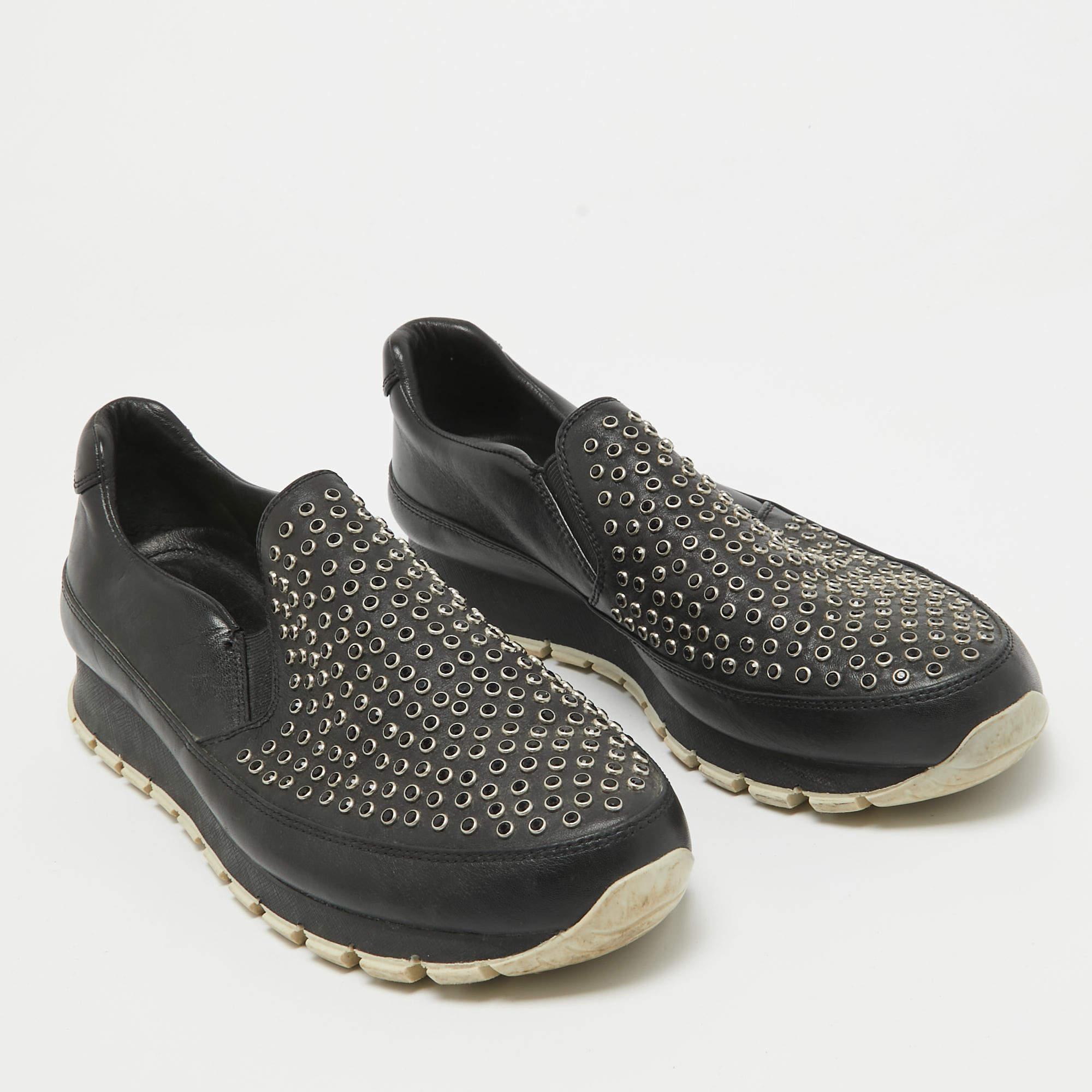 Women's Prada Black Leather Studded Slip On Sneakers Size 40