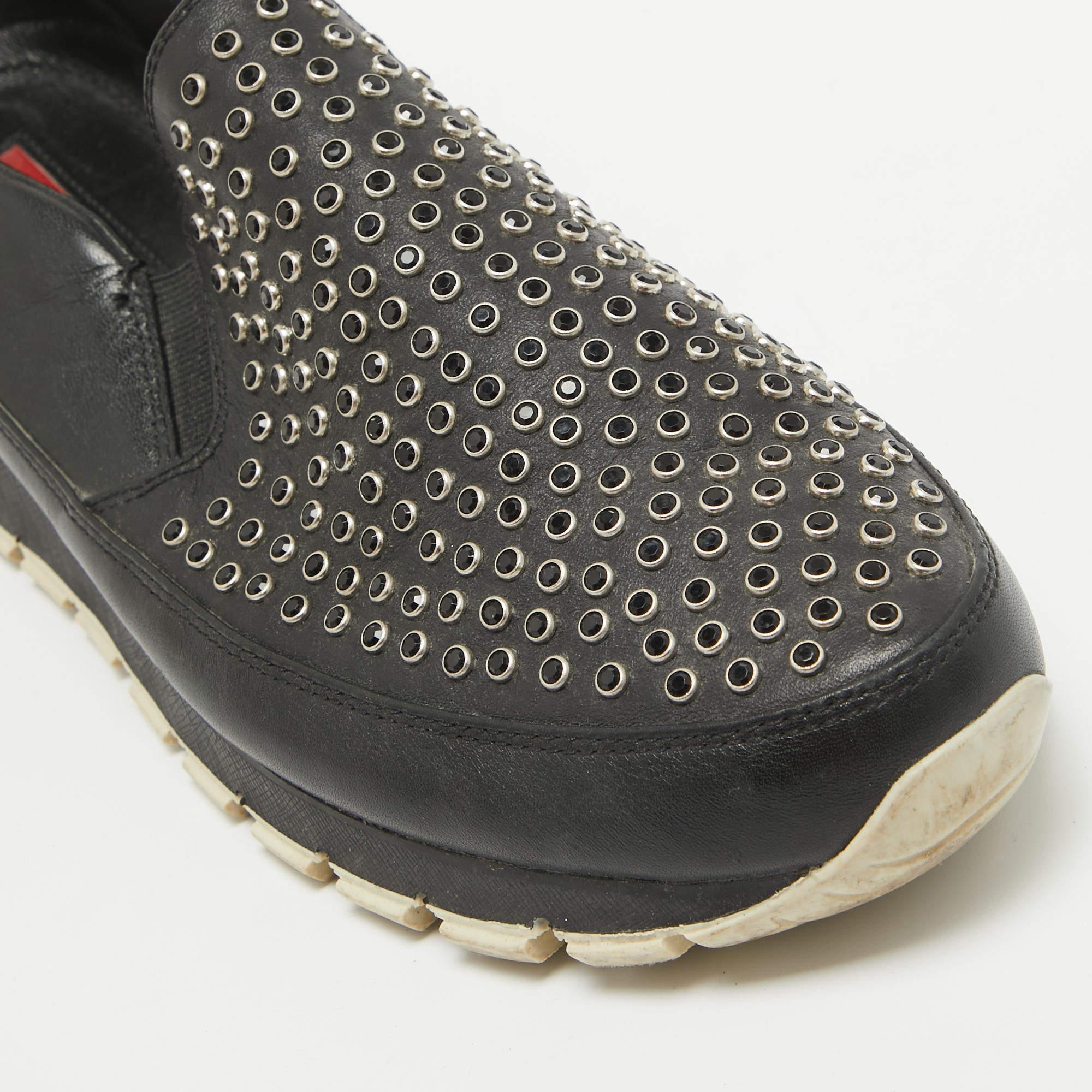 Prada Black Leather Studded Slip On Sneakers Size 40 3