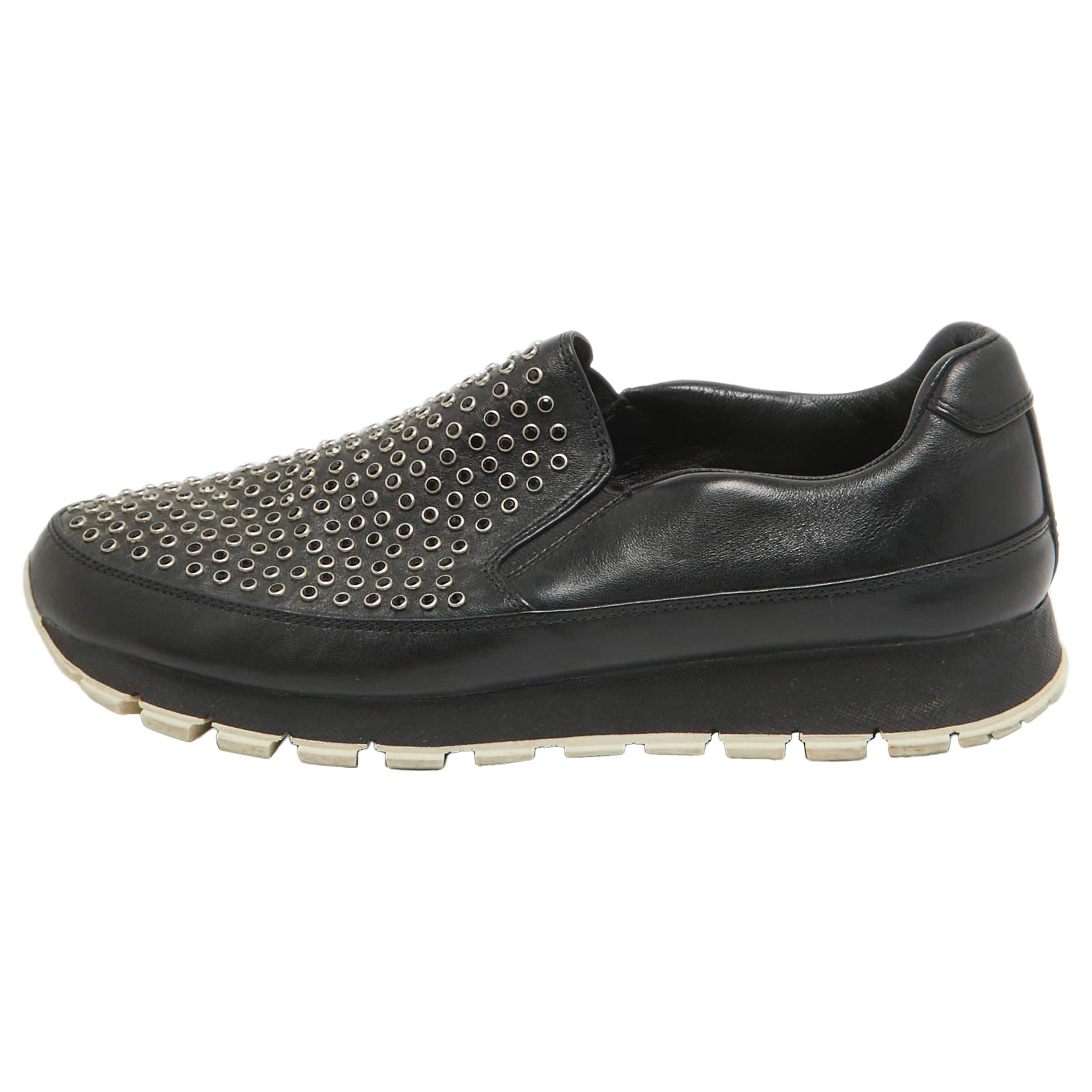 Prada Black Leather Studded Slip On Sneakers Size 40