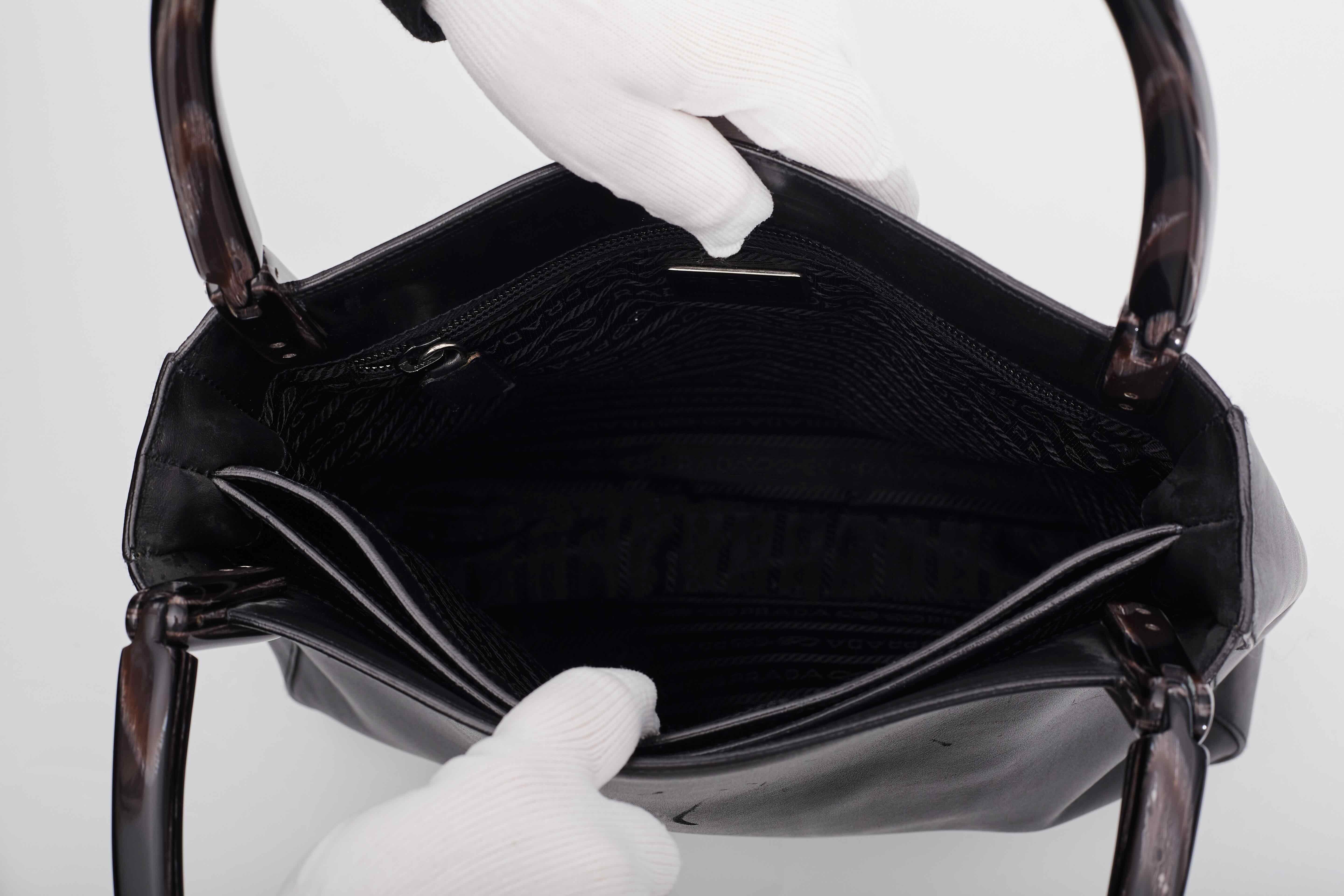 Prada Black Leather Tall Acrylic Handle Tote Bag For Sale 2