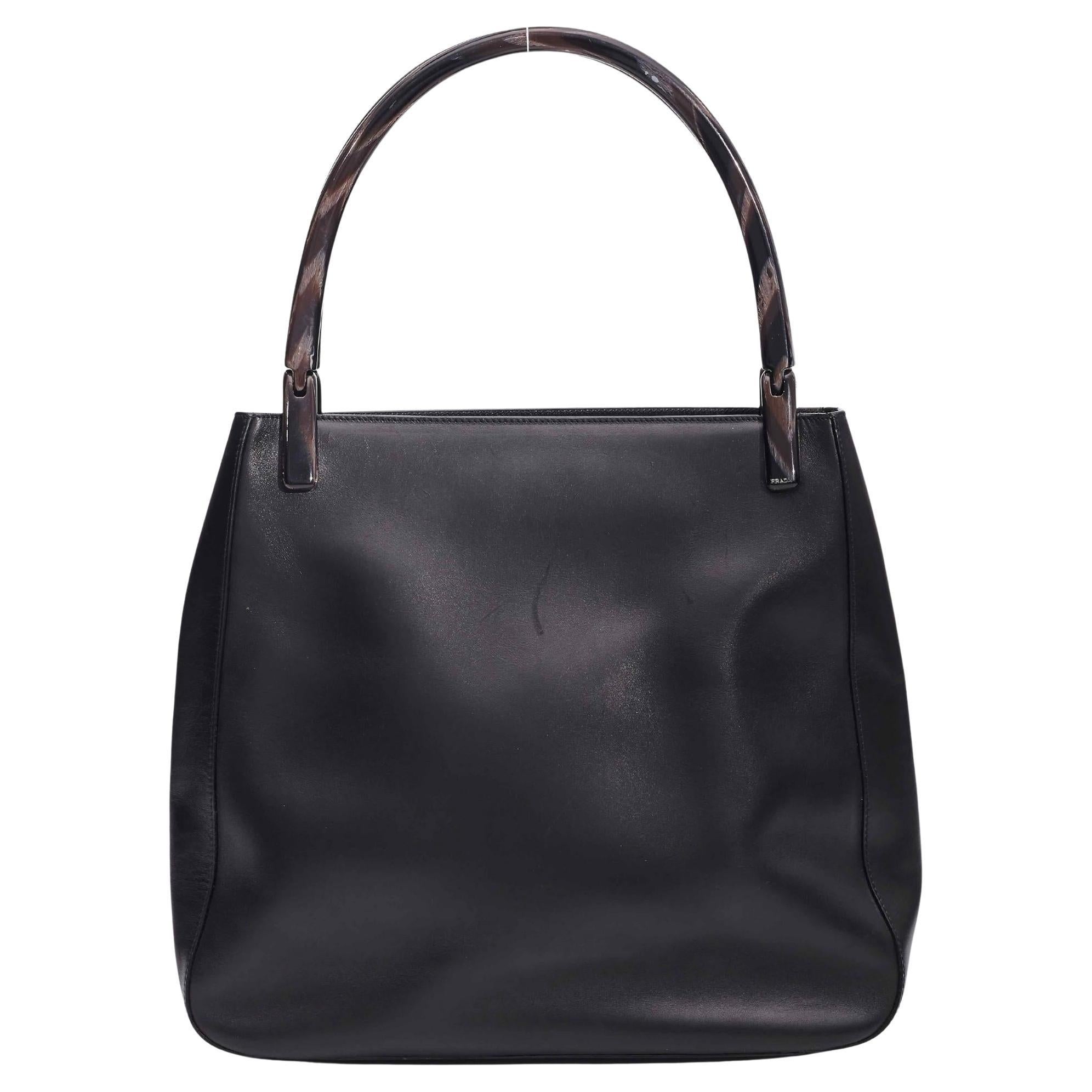 Prada Black Leather Tall Acrylic Handle Tote Bag