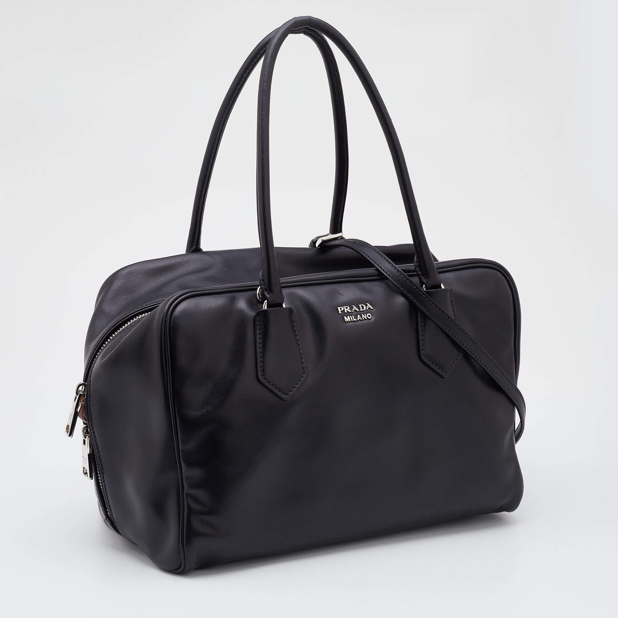 Women's Prada Black Leather Top Zip Boston Bag