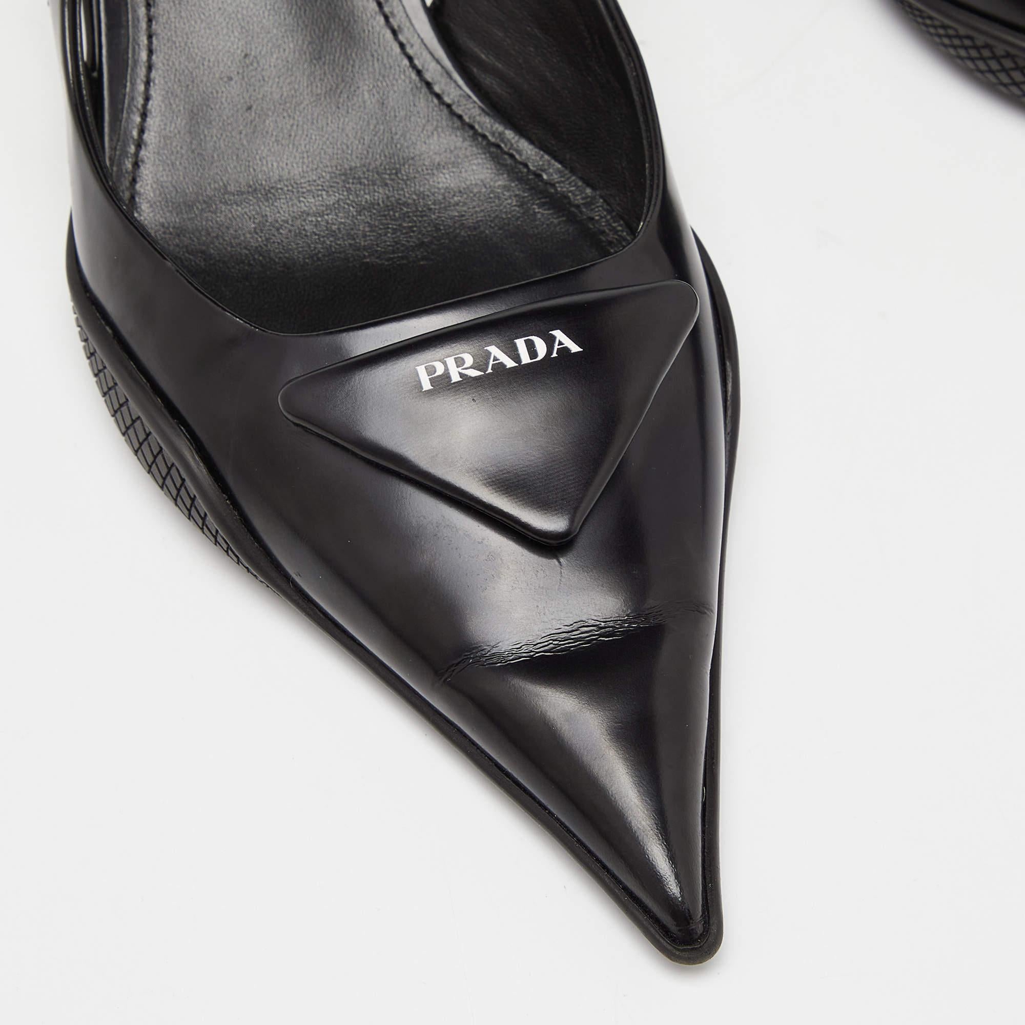 Women's Prada Black Leather Triangle Logo Kitten Heel Slingback Sandals Size 37
